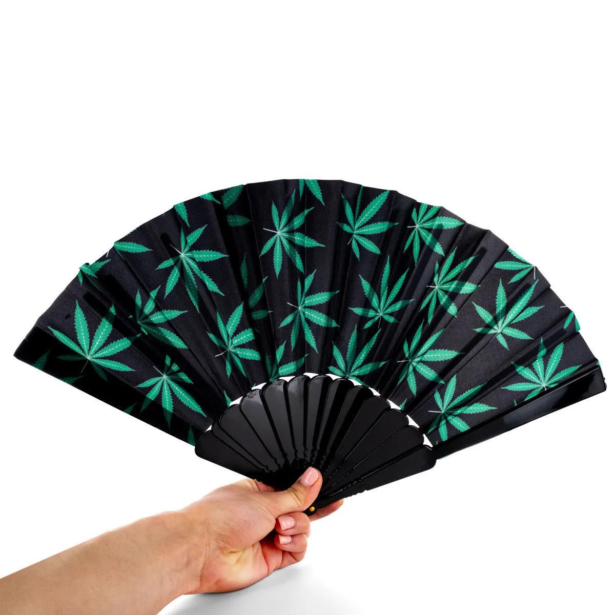 Leque Dobrável com Estampa de Folhas de Ganja