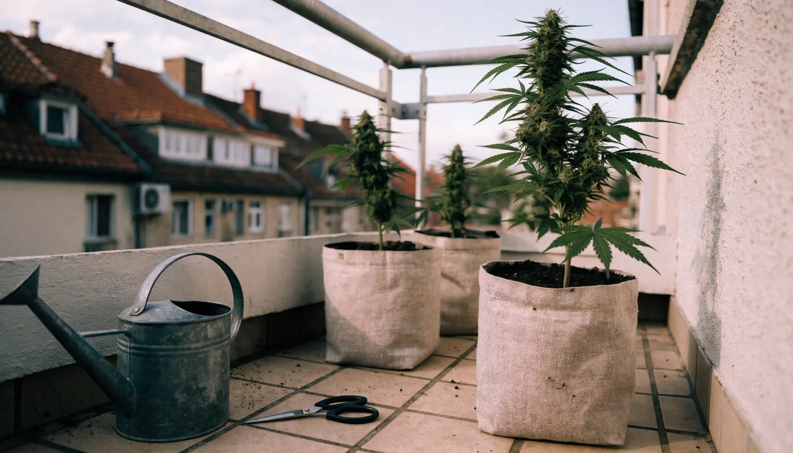 Três plantas de cannabis compactas em vasos de tecido numa varanda de apartamento europeu