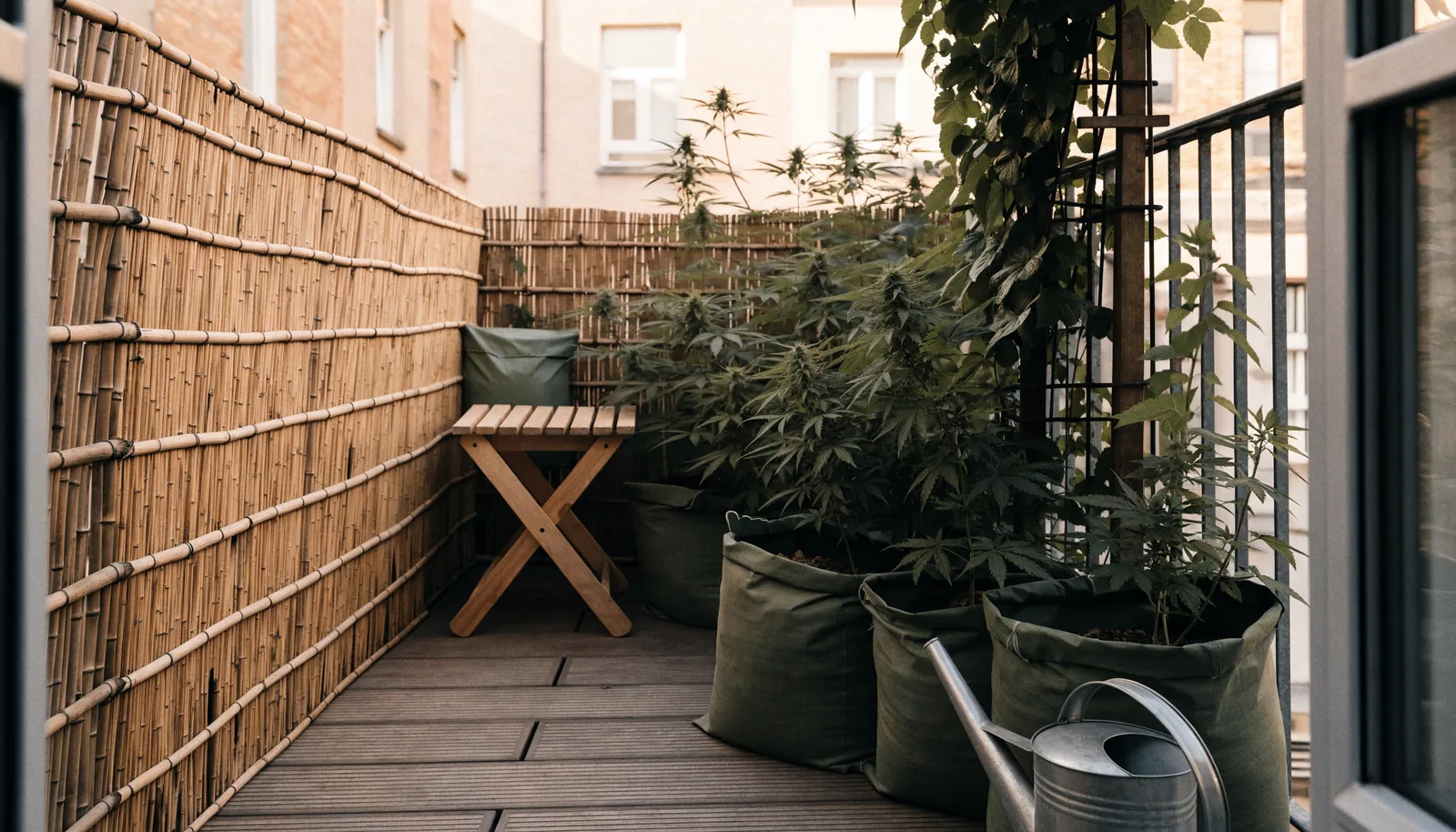 Painéis de bambu a ocultar plantas de cannabis em vasos de tecido numa varanda estreita