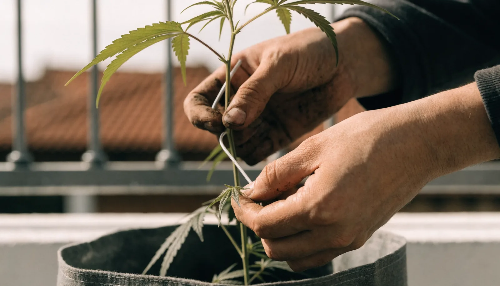 Mãos a amarrar um ramo de cannabis com arame de planta em técnica de low-stress training numa varanda