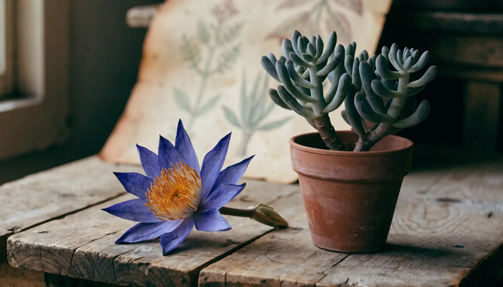 Flor seca de lótus azul (Nymphaea caerulea) ao lado de uma suculenta viva de kanna (Sceletium tortuosum)