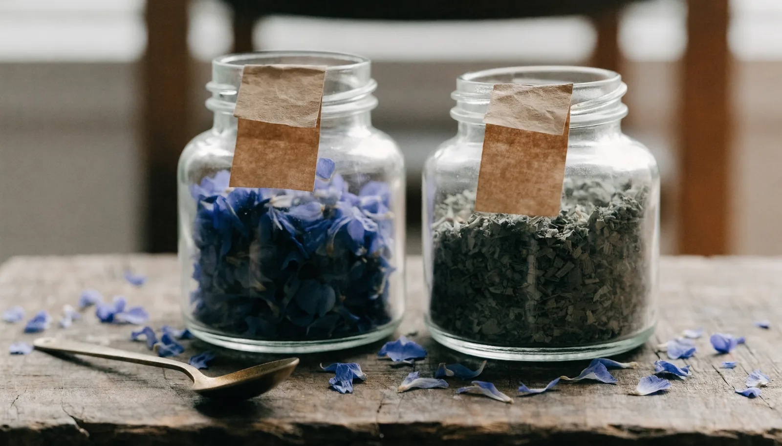 Frascos de vidro de farmácia com pétalas secas de lótus azul e material vegetal de kanna picado