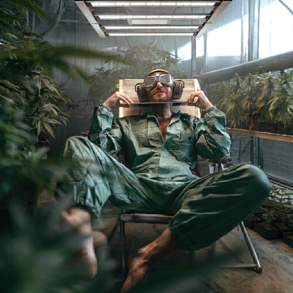 Grower relaxing inside a tent under LED lighting during equipment testing.